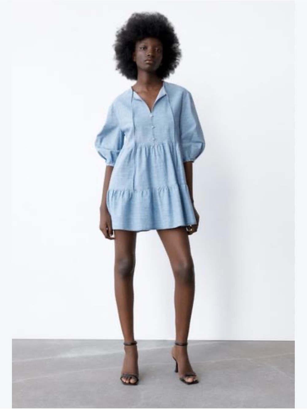 Zara Light Blue Puff-Sleeve Tiered Mini Dress